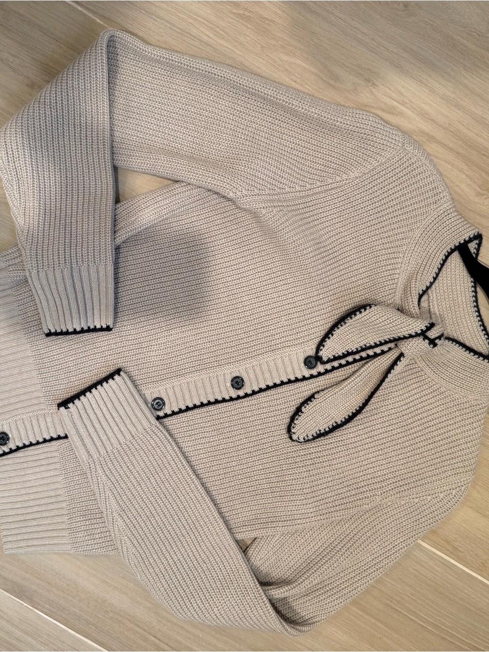 Commense Cream Knit Cardigan with Black Trim and Bow Tie